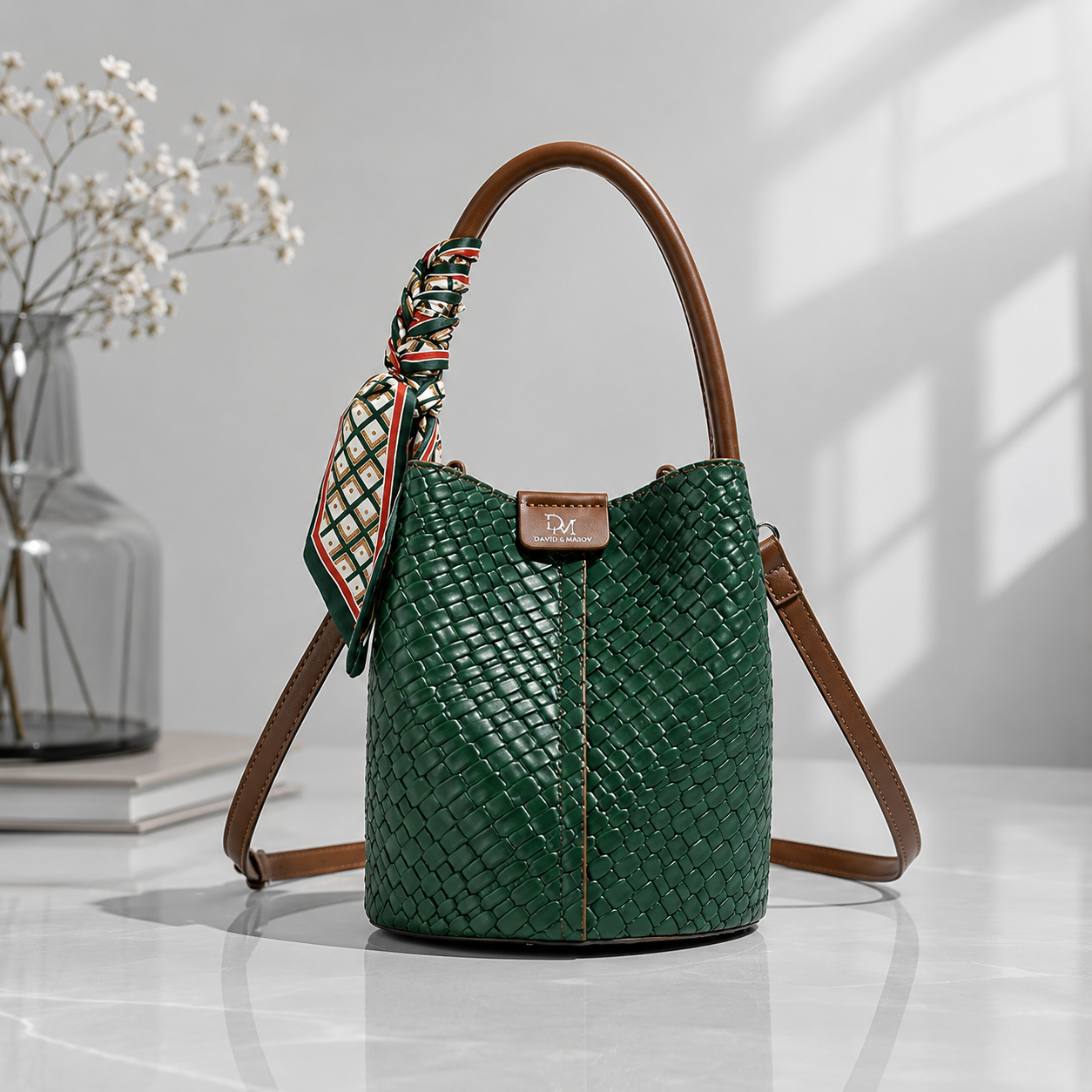 Scarf Accent Bucket Bag: Elegant Woven Shoulder Bag