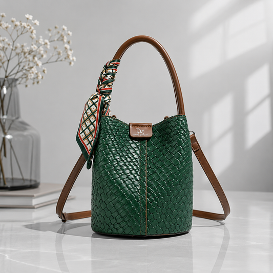 Scarf Accent Bucket Bag: Elegant Woven Shoulder Bag