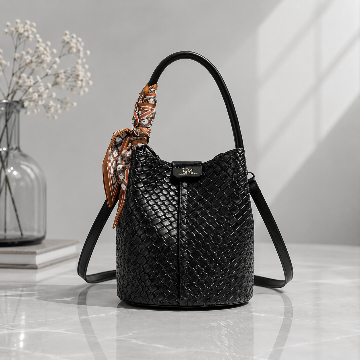 Scarf Accent Bucket Bag: Elegant Woven Shoulder Bag