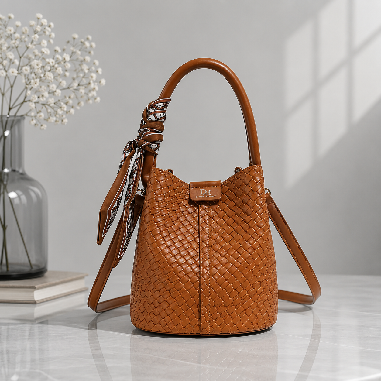 Scarf Accent Bucket Bag: Elegant Woven Shoulder Bag