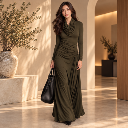 Ruched Waist Long Dress: Long Sleeve Ruched Draped Floor Length Dress