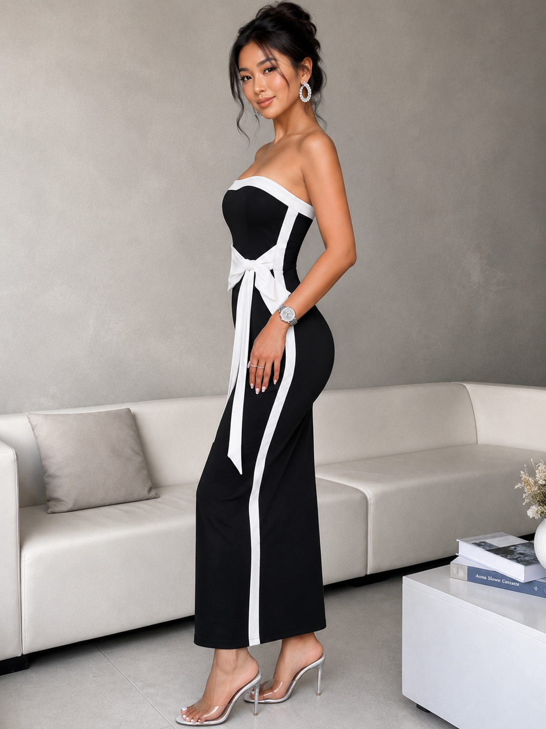 Black Strapless Maxi Dress: Bodycon Tube Dress with White Contrast Trim