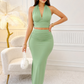 Mint Green Two Piece Maxi Skirt Set: Halter Crop Top and High Waist Ruched Long Skirt