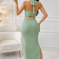 Mint Green Two Piece Maxi Skirt Set: Halter Crop Top and High Waist Ruched Long Skirt