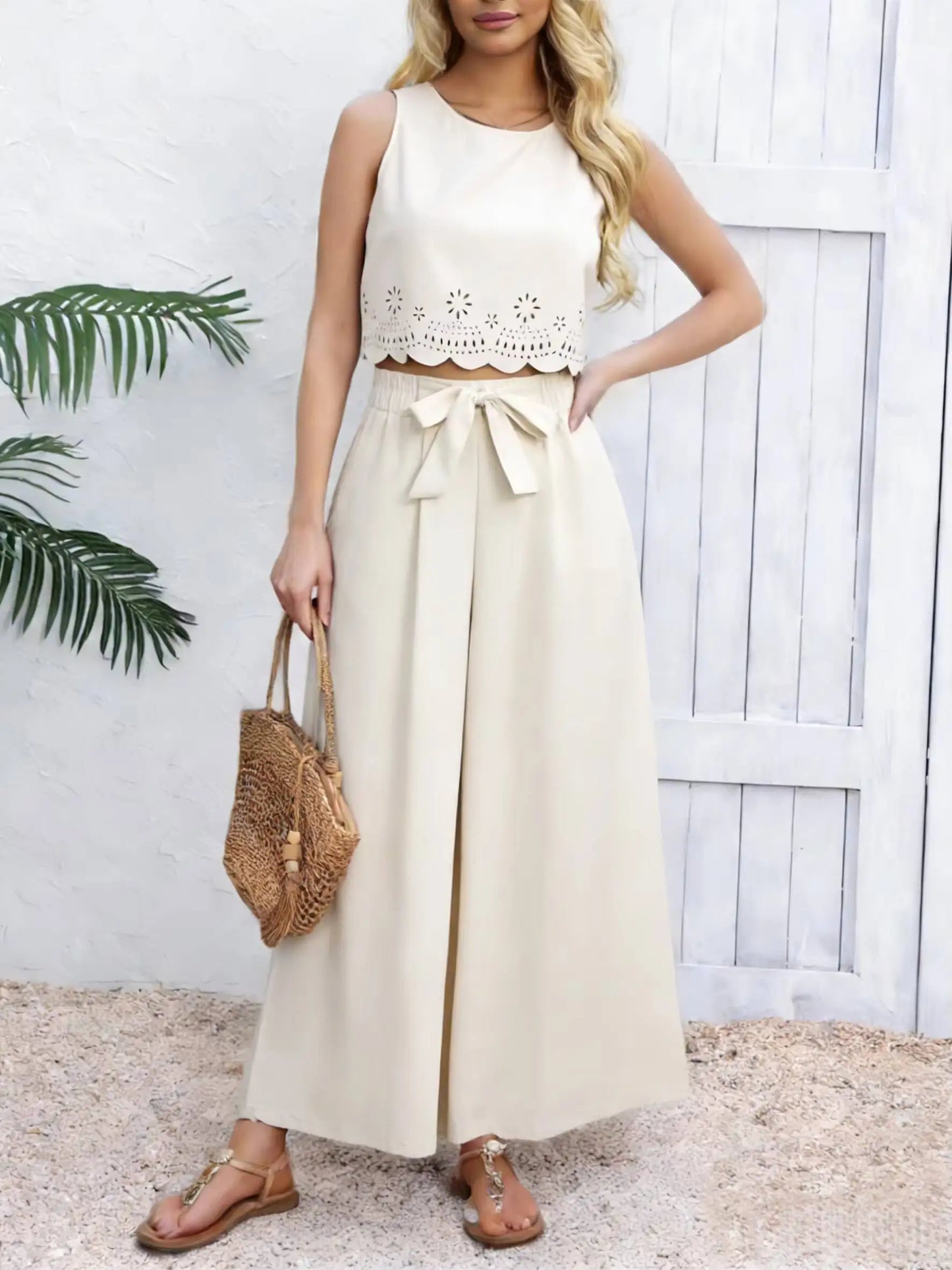 Eyelet Crop Top Pants Set