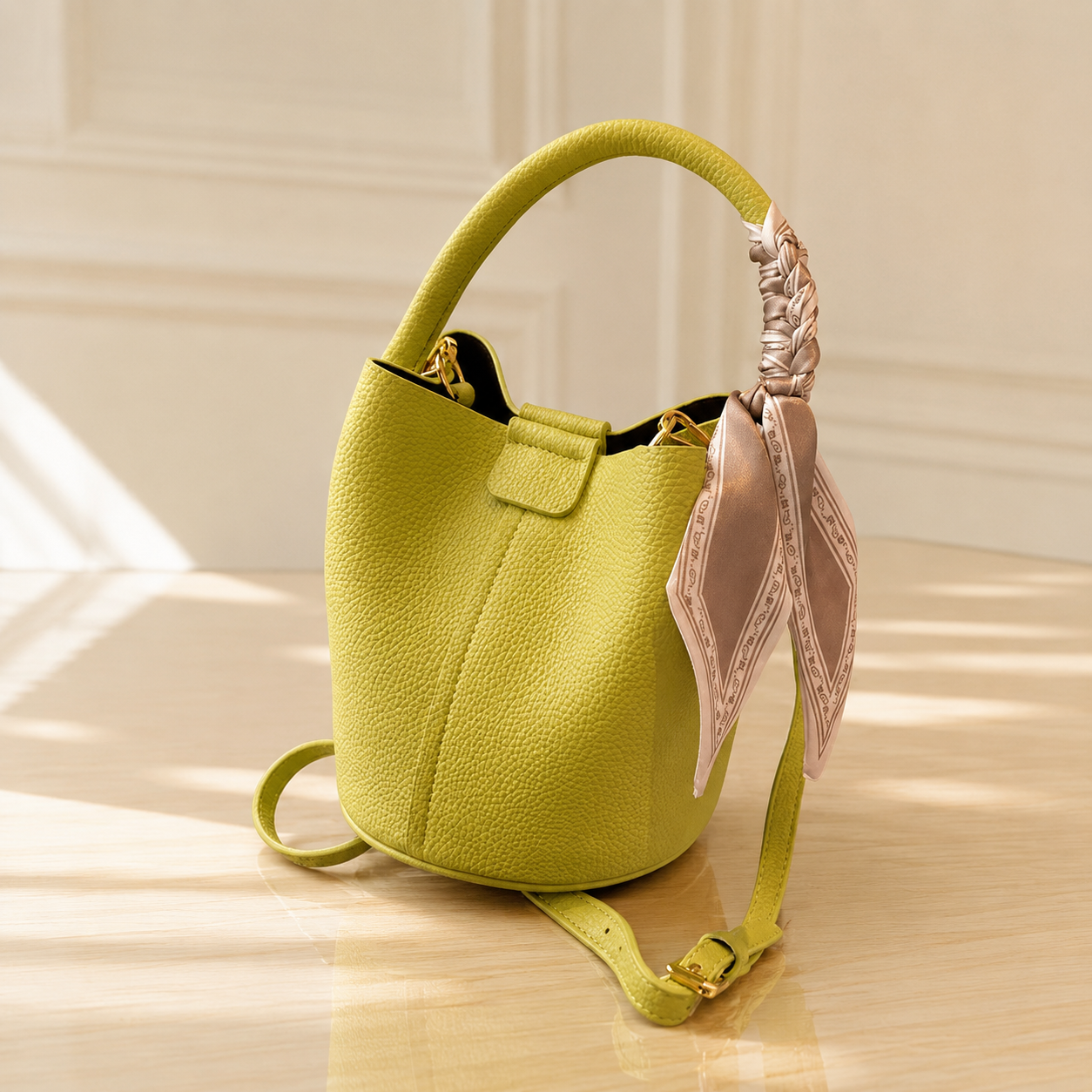 Bucket crossbody bag scarf accent