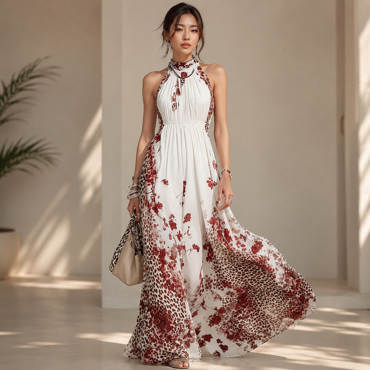 Floral leopard print halter maxi dress