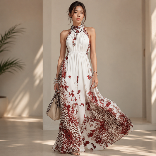Floral leopard print halter maxi dress