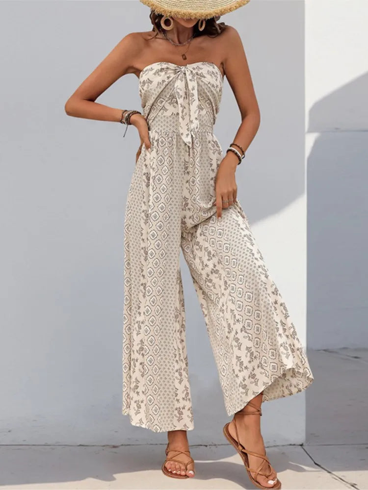 Strapless printed wide leg jumpsuit