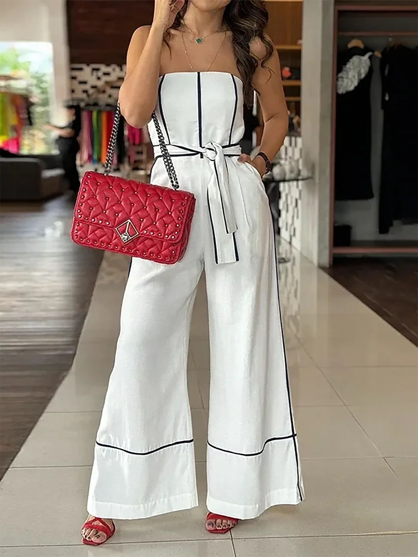 Strapless white wide-leg jumpsuit