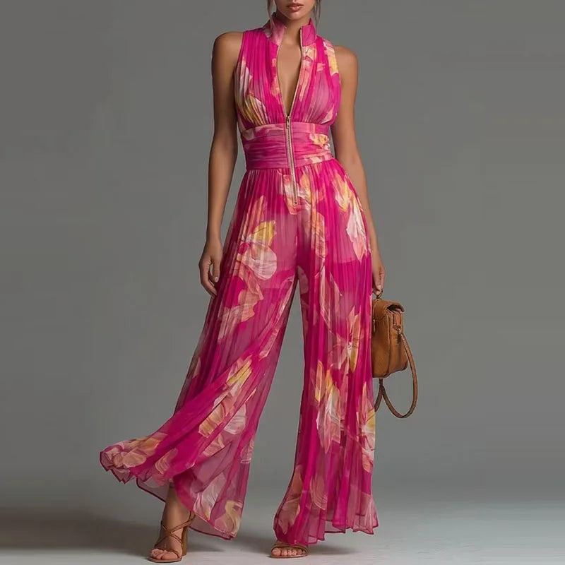 Printed pleated halter jumpsuit