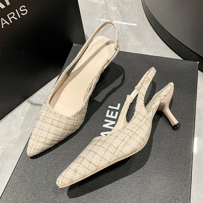 Beige tweed slingback heels