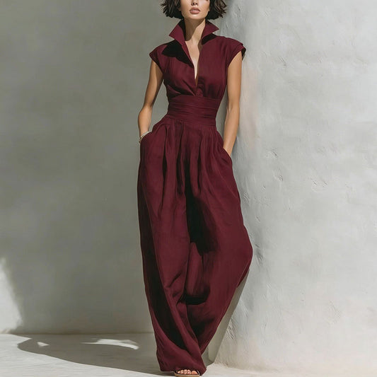 Burgundy wide leg collared jumpsuit