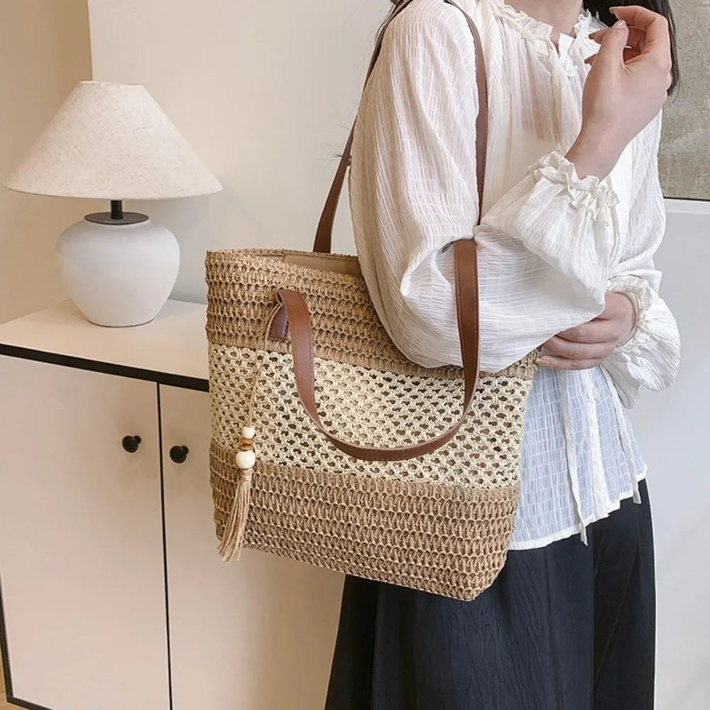 Large Color Block Woven Shoulder Tote