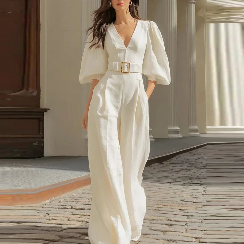 Belted V-neck wide leg jumpsuit