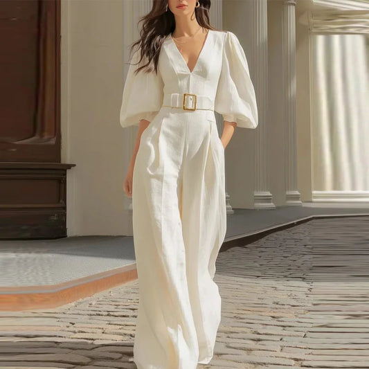 Belted V-neck wide leg jumpsuit