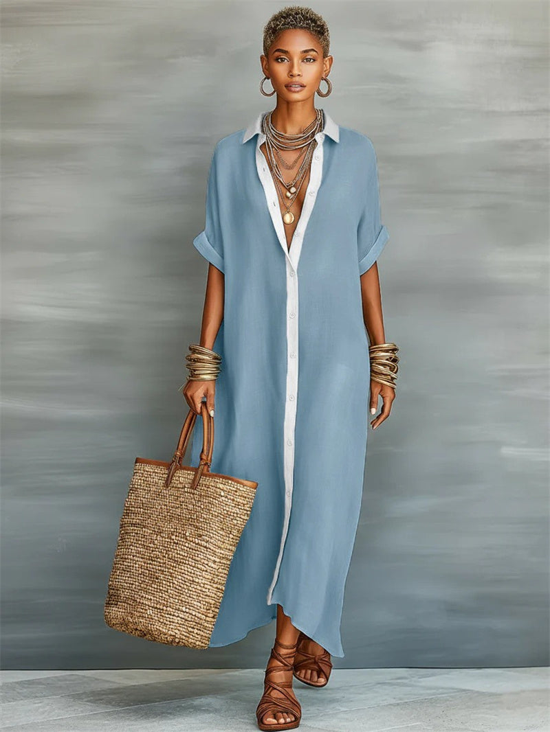 Blue contrast button shirt dress