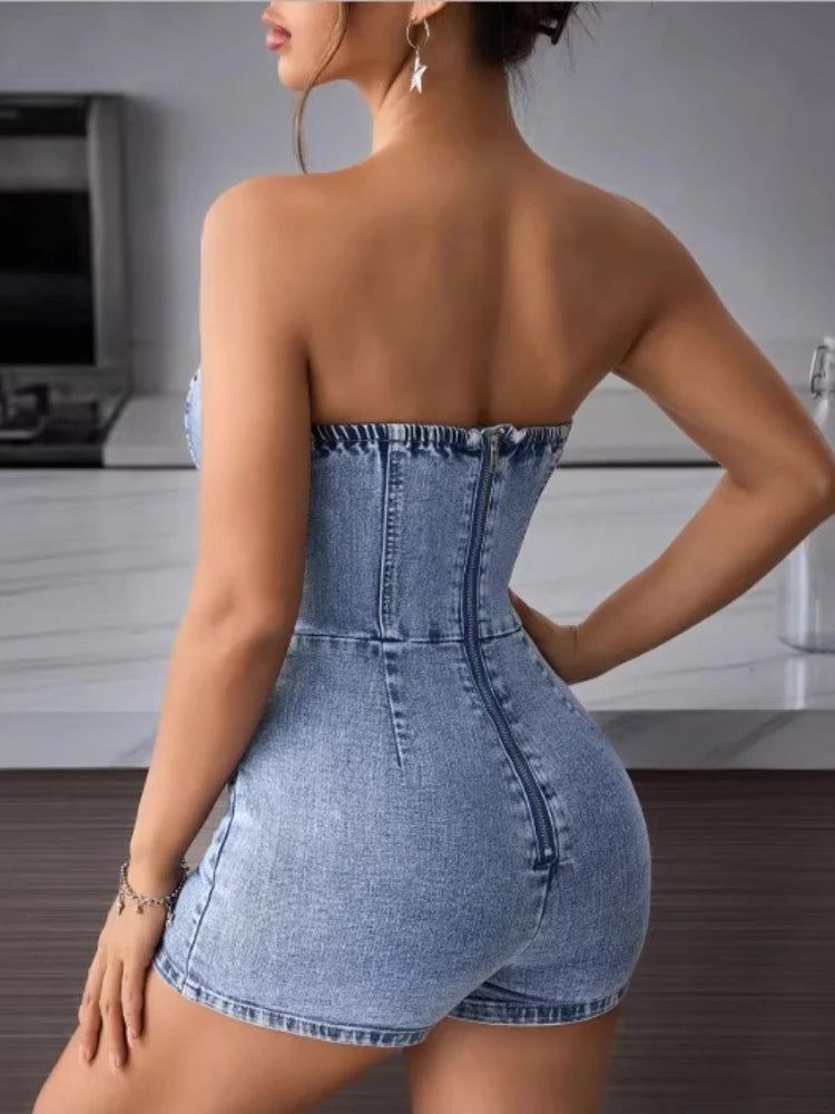 Strapless denim corset romper