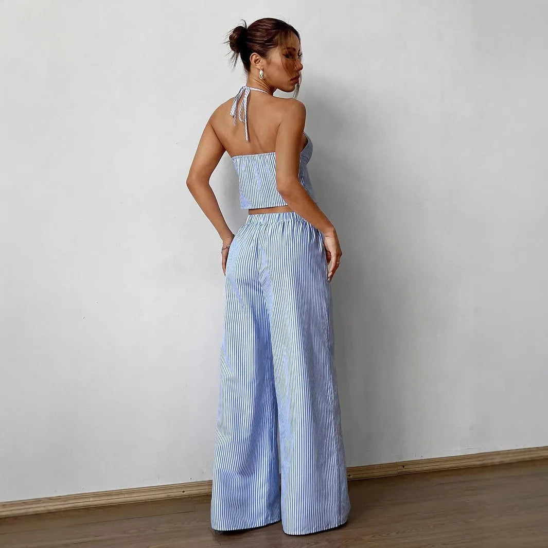 Striped Tie Front Pants Set