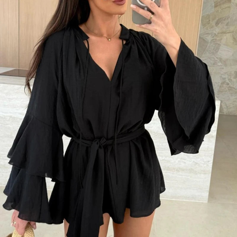 Ruffle Sleeve Mini Dress : Deep V-Neck Loose Dress