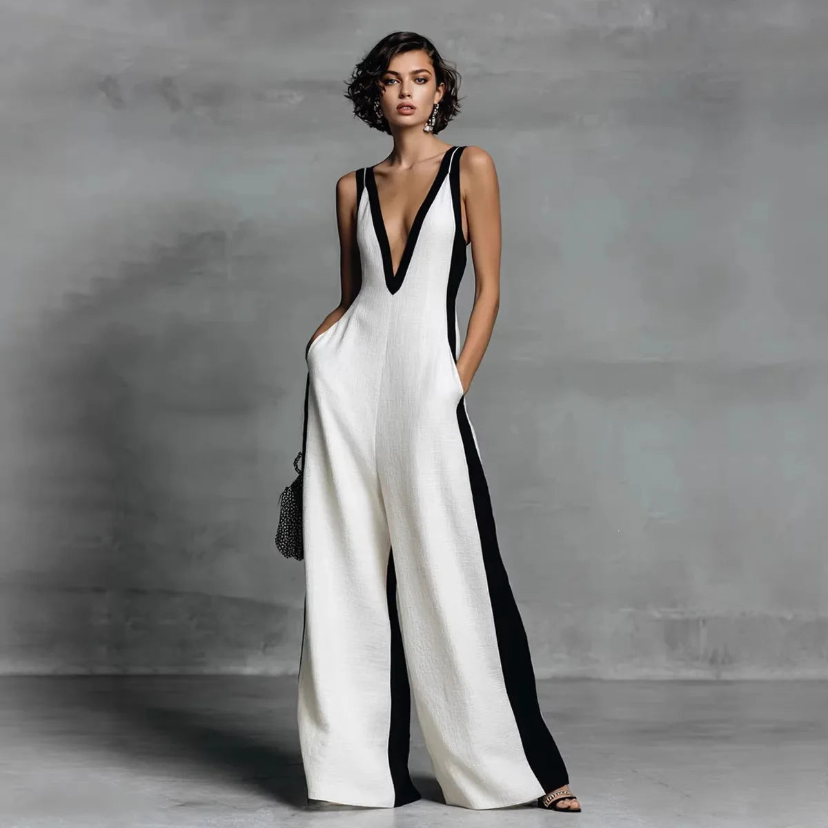 Color Block V Neck Wide Leg Jumpsuit