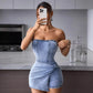 Ruched waist denim romper