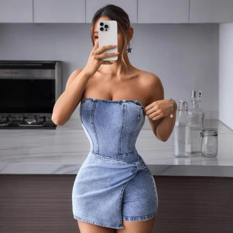 Ruched waist denim romper