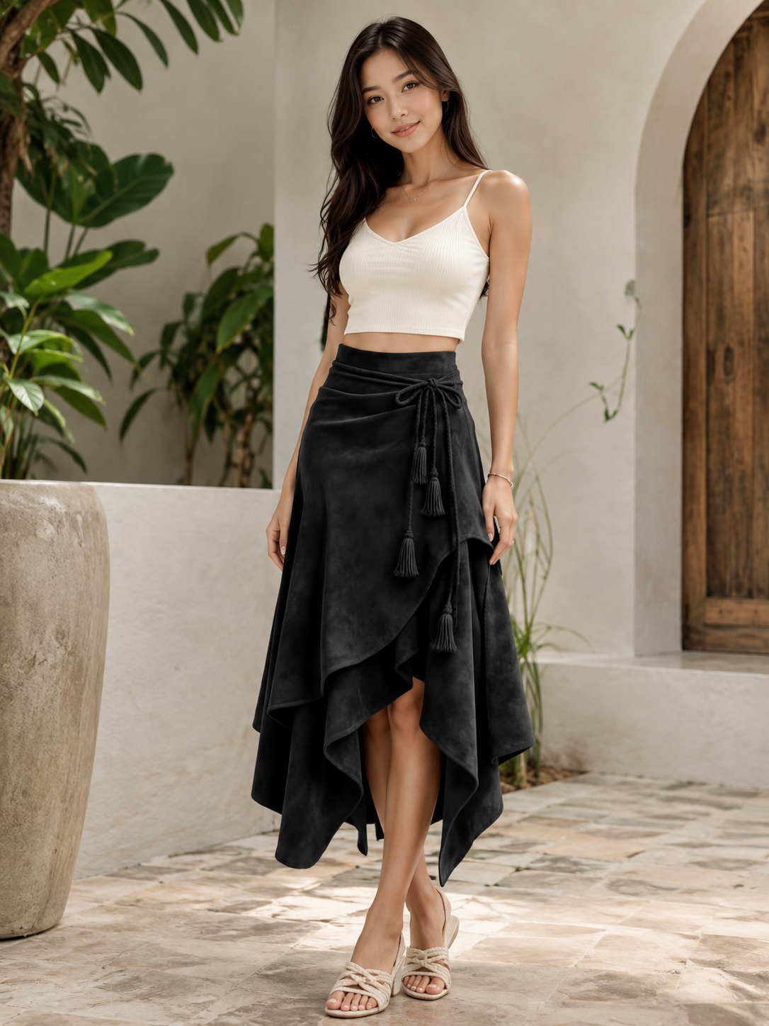Tassel tie midi wrap skirt