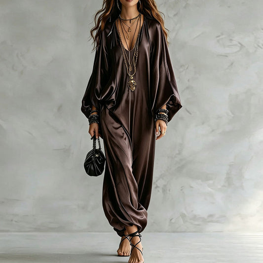 Brown loose satin jumpsuit