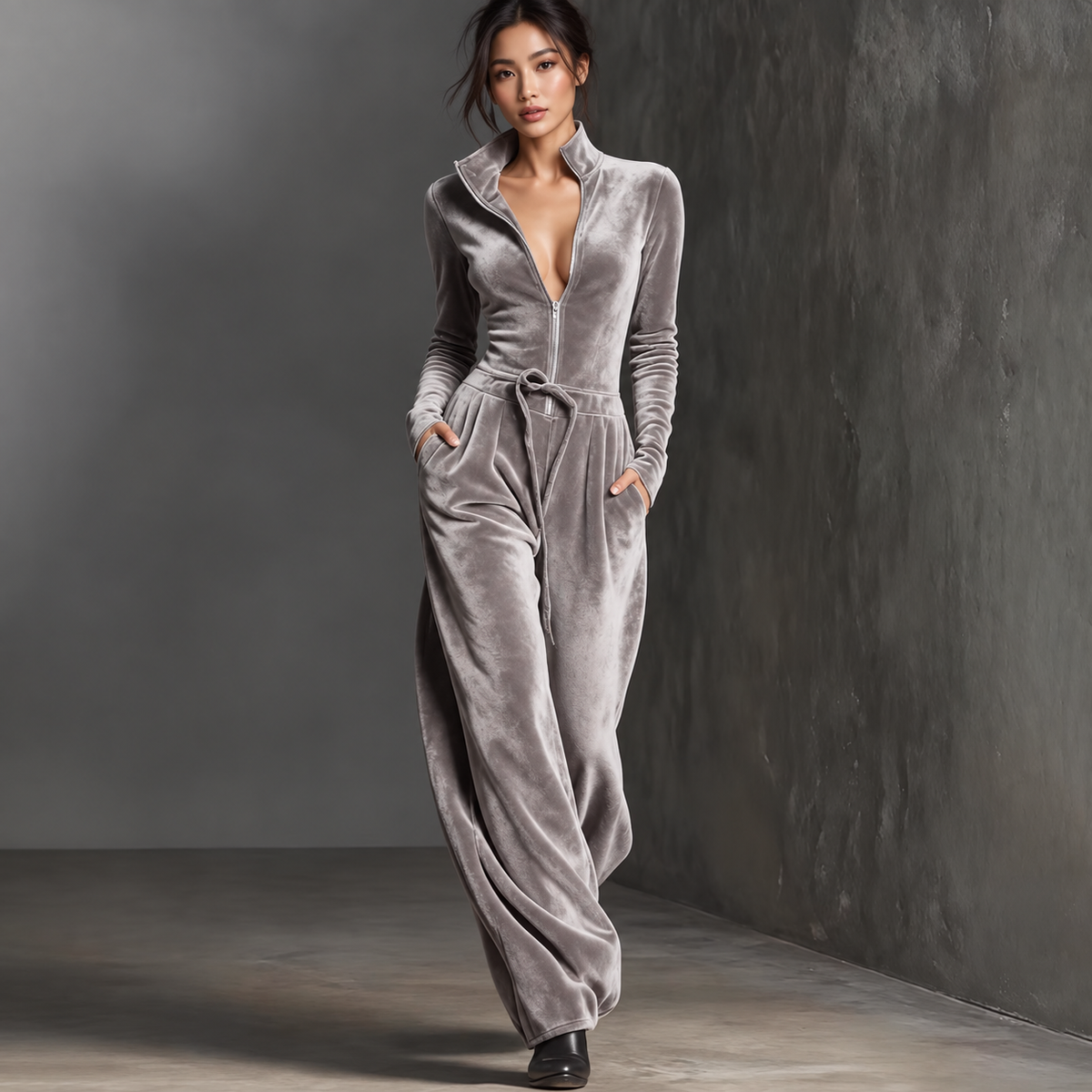 Gray zip front jumpsuit