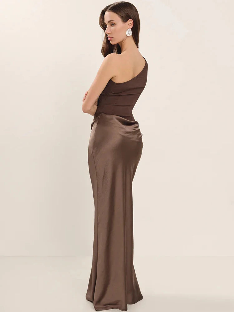 Elegant Brown One Shoulder Dress side view