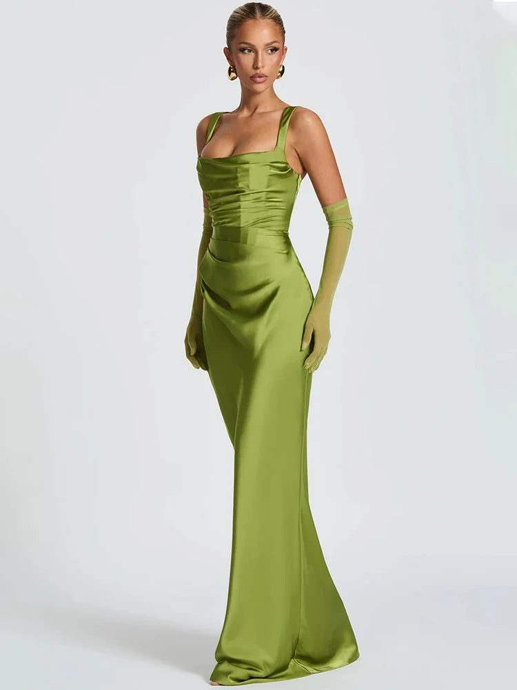 Square neck green evening dress