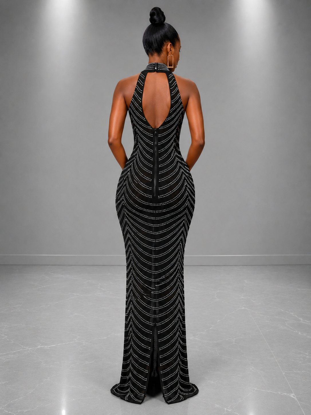 Black Sequin evening gown back view