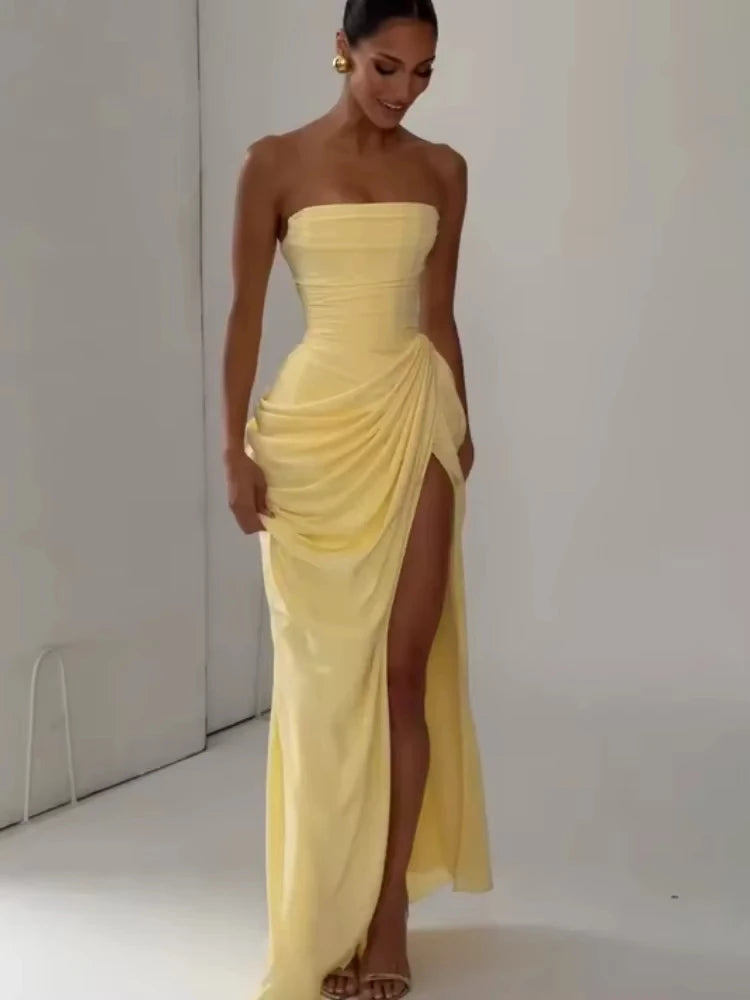 Yellow ruched evening dress