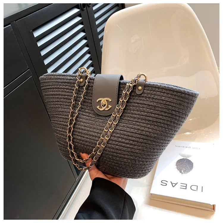 Black Straw Shoulder Tote Bag