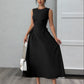 Black sleeveless ruched midi dress