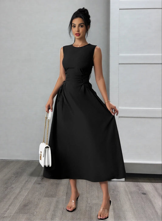 Black sleeveless ruched midi dress