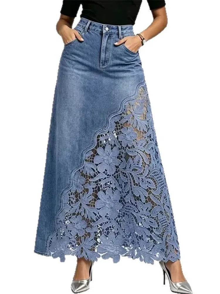 Floral lace denim maxi skirt