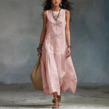 Sleeveless dragonfly linen dress