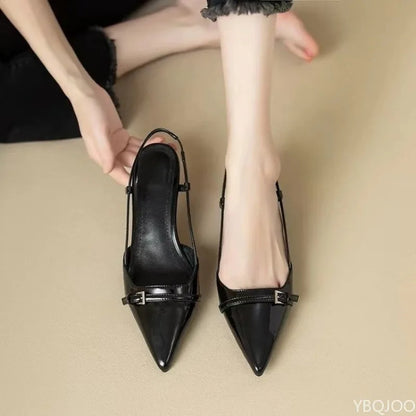 Pointed Toe Slingback Heels: Low Heel Glossy Dress Shoes with Buckle Strap