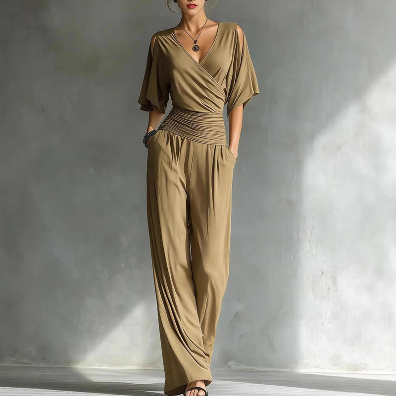 Khaki wrap wide leg jumpsuit
