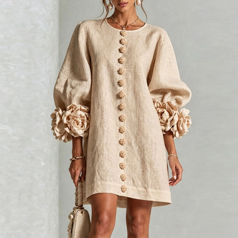 Beige flower cuff mini dress