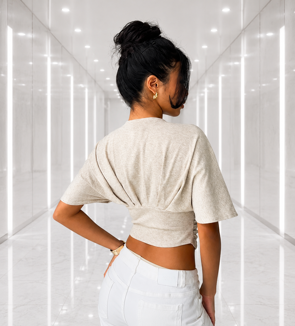 Beige Ruched Waist Batwing Top