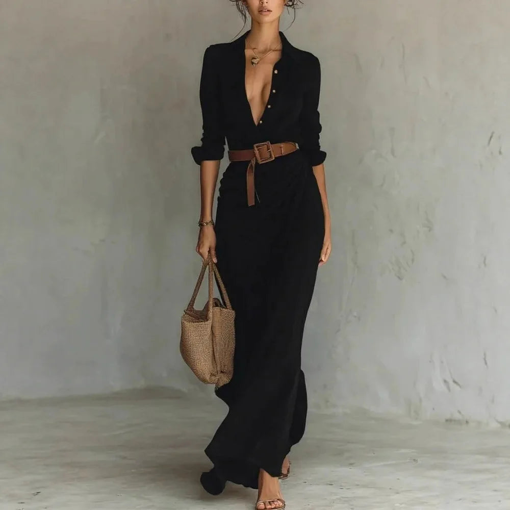 Black belted maxi dress