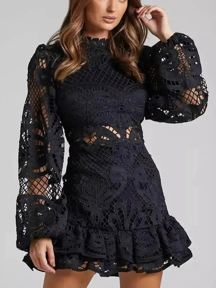 High neck lace mini dress