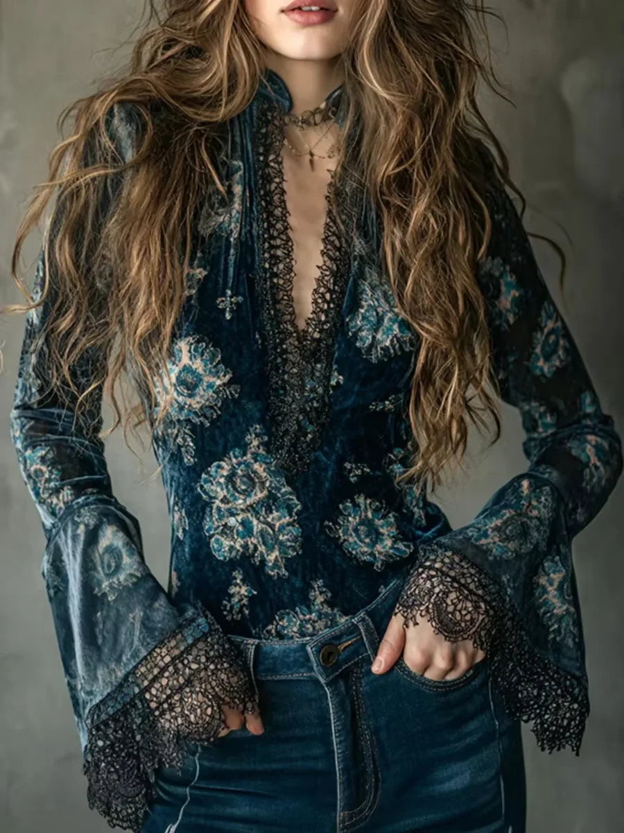 Vintage velvet bell sleeve blouse