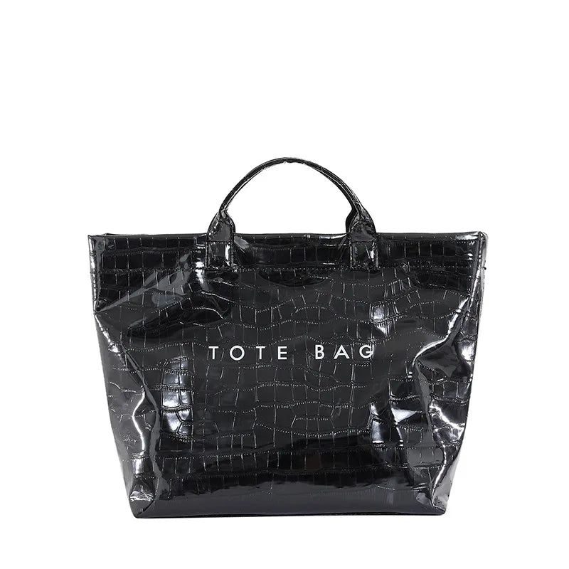 Glossy black crocodile tote