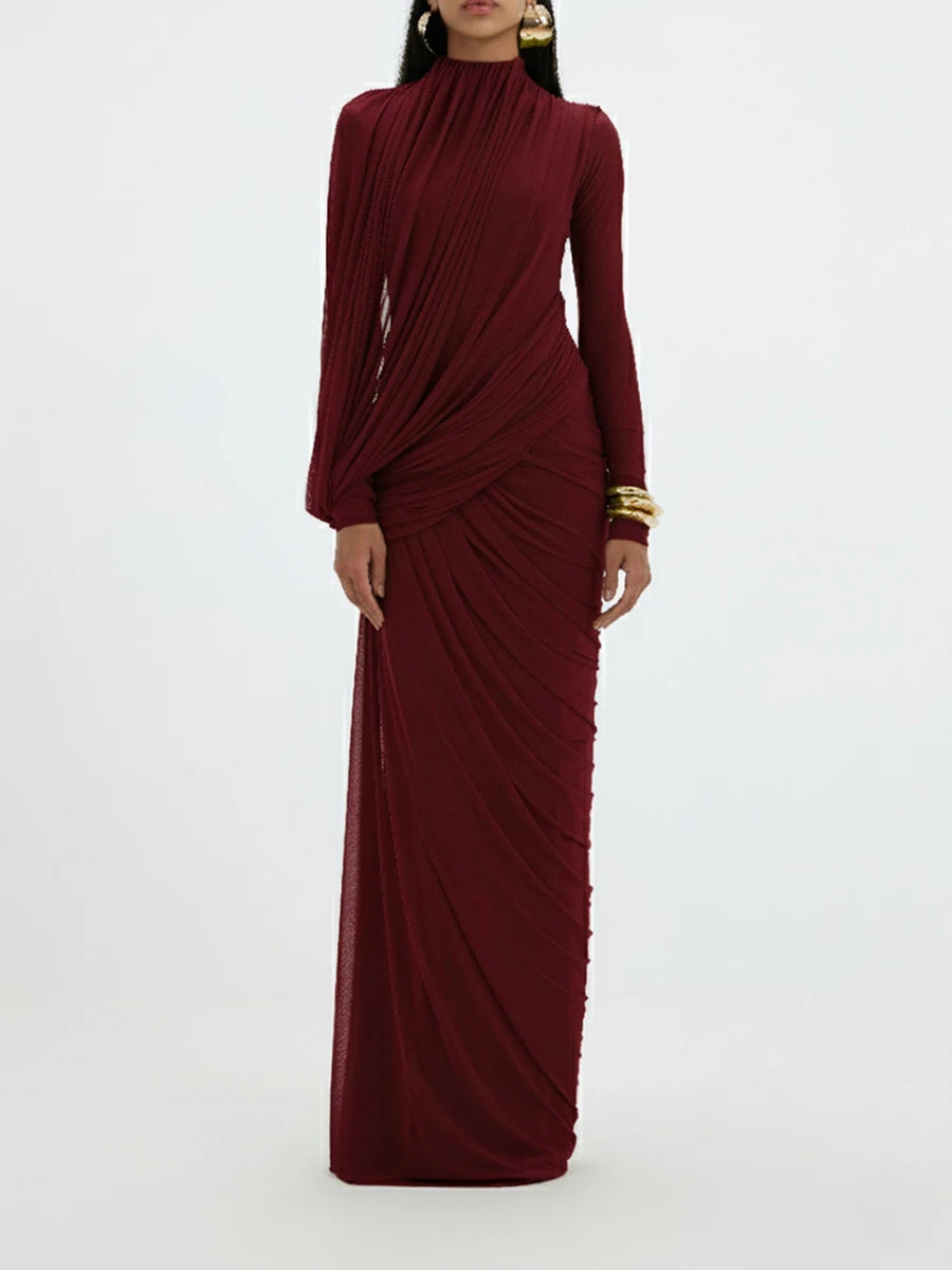 Burgundy ruched mesh maxi dress