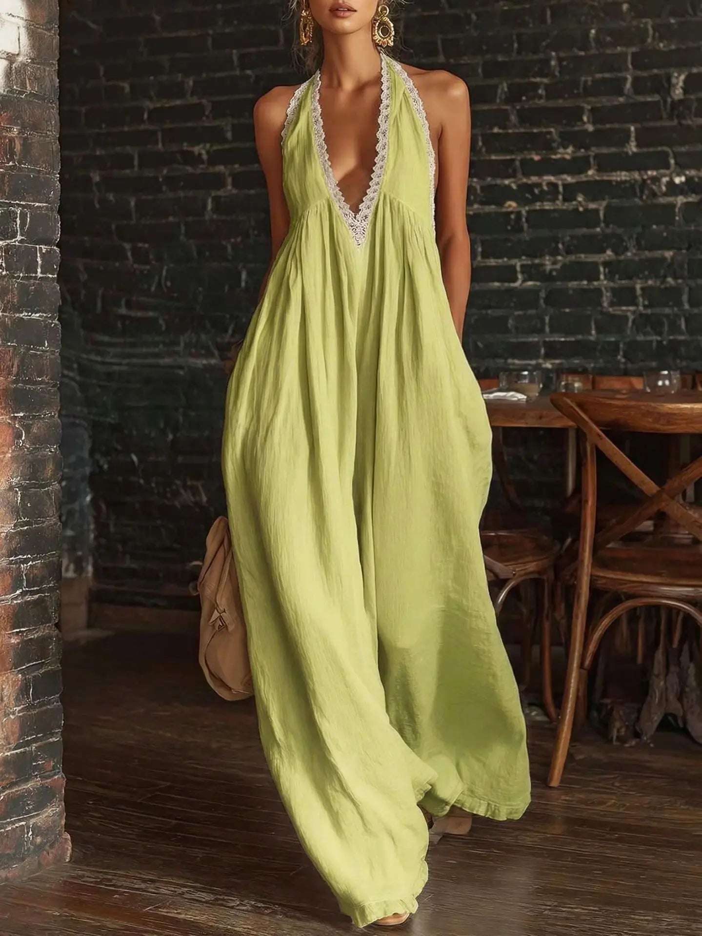 Lace trim wide leg romper