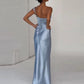 Blue satin dress back view